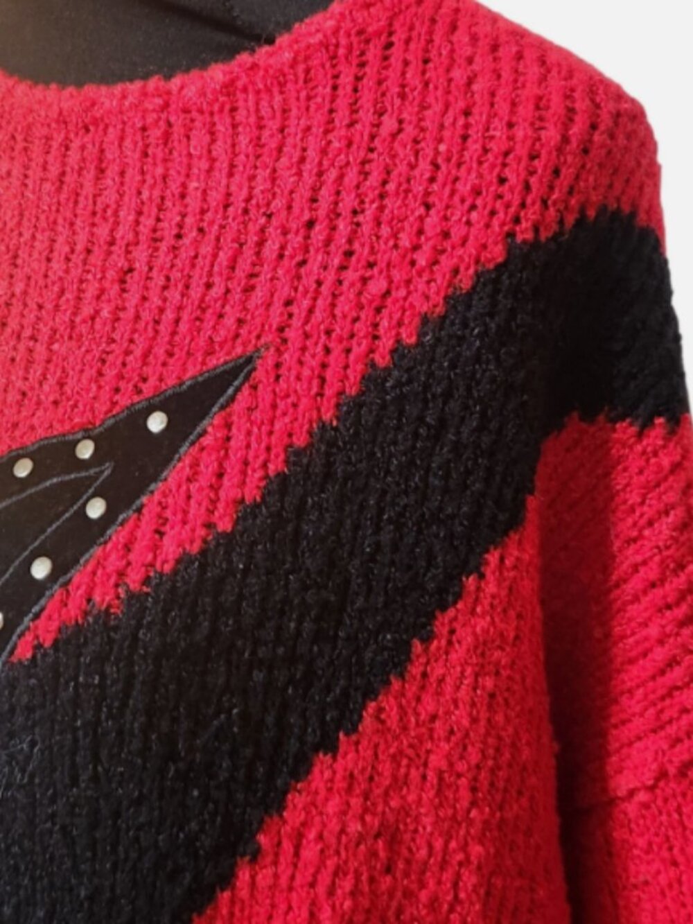 Vintage Le Chois Sweater 80s Womens Large Red Black Silver Geometric - Picture 6 of 8